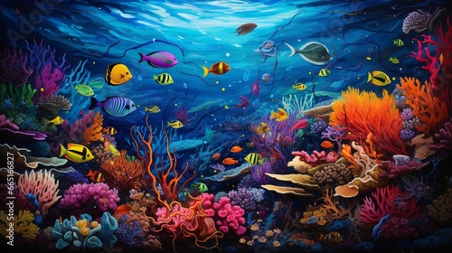 A vibrant coral reef teeming with life, a kaleidoscope of colors beneath the sea.
