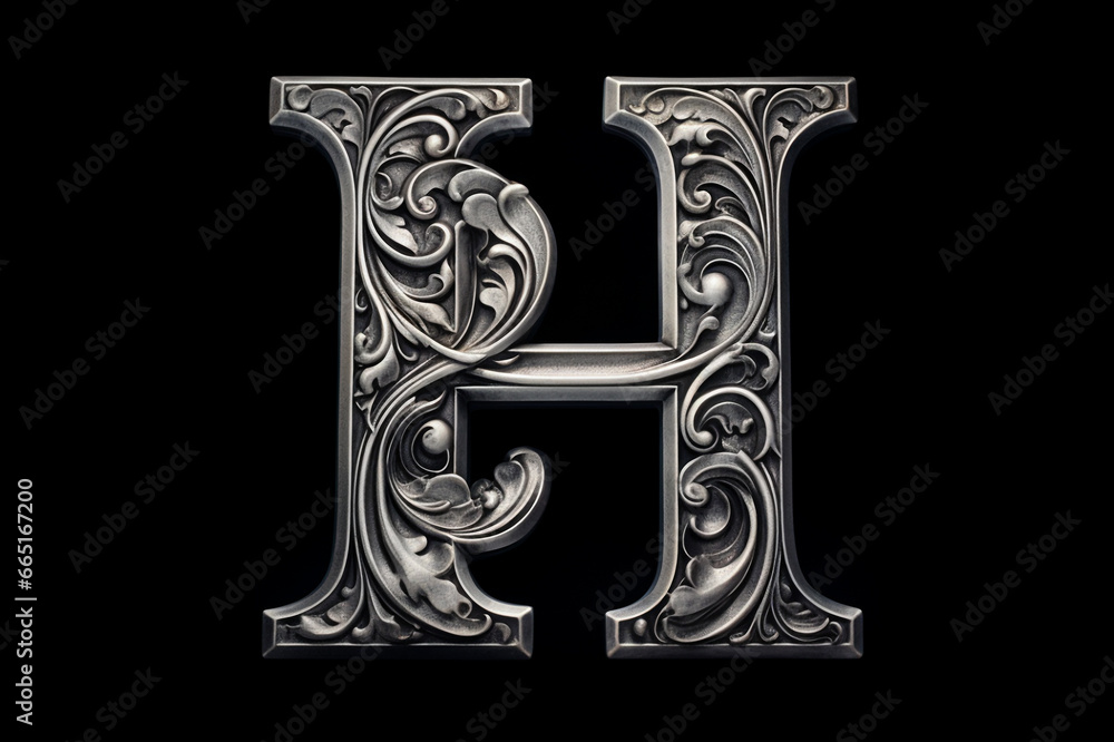 Old silver font design, alphabet letter H with metal texture and decorative floral pattern isolated on black background Old silver font design, alphabet letter H with metal texture and decorative floral pattern isolated on black background