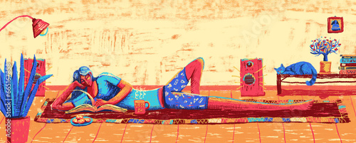 Quadro em tela Illustration of a young woman lying on the floor and relaxing