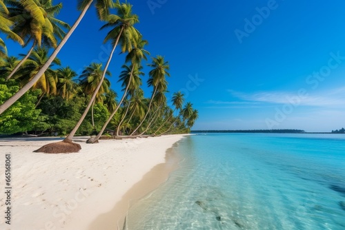 Exquisite beach with lush palm trees, clear blue sky, and shimmering turquoise ocean. Generative AI