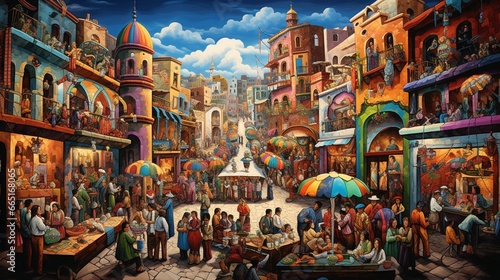 A vibrant market square, a mosaic of people, colors, and energy coming together.