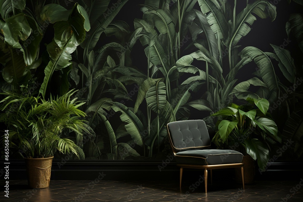 Dark wallpaper with tropical tree pattern featuring banana trees and foliage. Generative AI