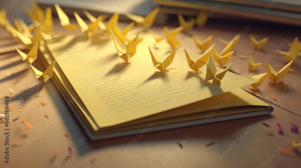 School notebook background. 3d flying yellow paper airplanes. Vector ...
