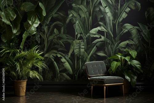 Dark wallpaper with tropical tree pattern featuring banana trees and foliage. Generative AI
