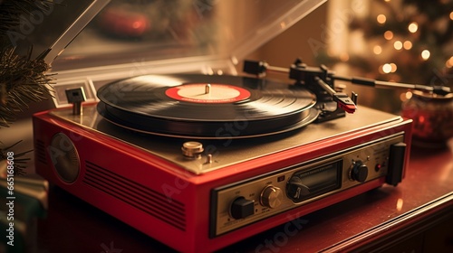 A vintage record player spinning classic holiday vinyl records, creating a warm and nostalgic atmosphere