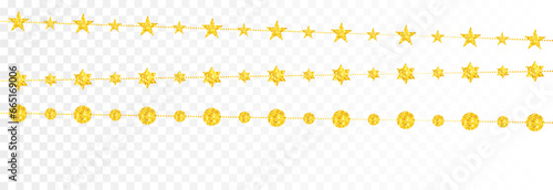 Christmas decoration png. Vector golden garland png. Garland with shiny toys. Gold decorations, sparkling toys.