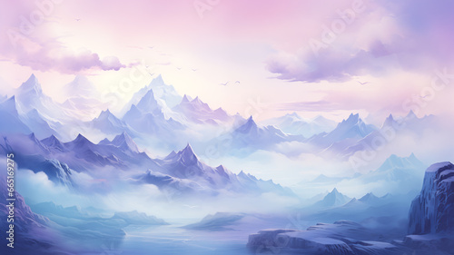 Digital painting of mountain, valley and cloud landscape with blue and purple gradient.