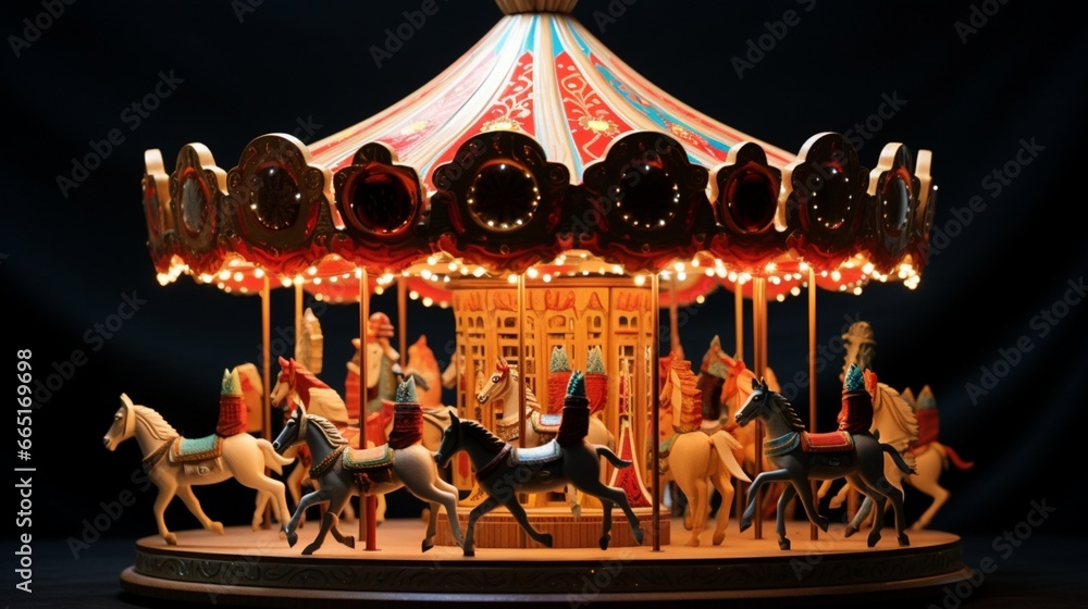 A whimsical Christmas carousel with intricately carved horses and colorful lights, spinning in a winter carnival