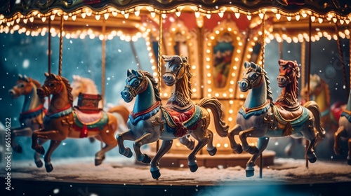 A whimsical Christmas carousel with intricately carved horses and colorful lights, spinning in a winter carnival