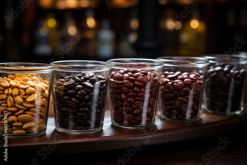 Coffee beans roasted to different extents are stored in glass jars