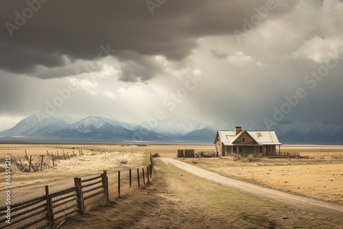 A secluded rural property in the San Luis Valley, Colorado, surrounded by mountains and storm clouds in February. Generative AI photo