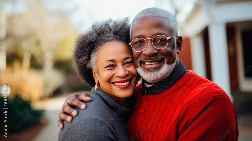 Portrait of a happy mature black couple in their home outdoors. Portrait of a happy mature black couple in their home outdoors.