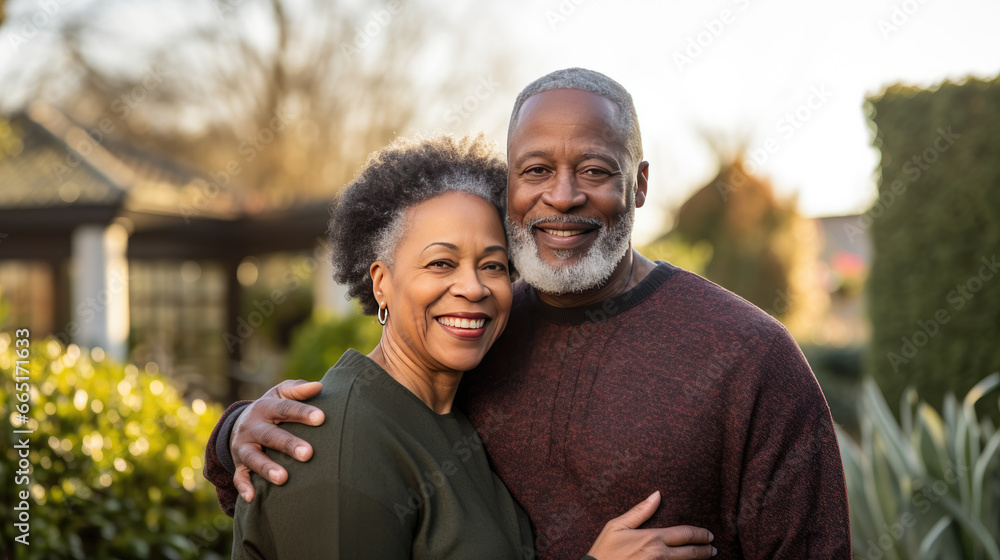 Fototapeta premium Portrait of a happy mature black couple in their home outdoors.