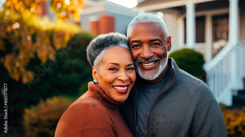 Portrait of a happy mature black couple in their home outdoors. photo
