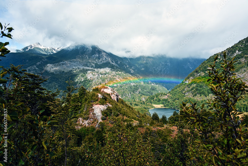 Rainbows and lagoons in the Andes Mountains, Futaleufú, Los Lagos Region, Chilean Patagonia