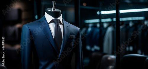 Men's shirt in the form of dark blue suits on a mannequin in the atelier. 