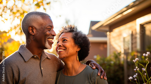 Portrait of a happy mature black couple in their home outdoors. © Farnaces