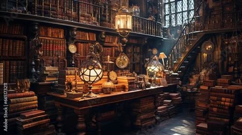 An antique bookshop, shelves filled with dusty tomes and the scent of history in the air. photo