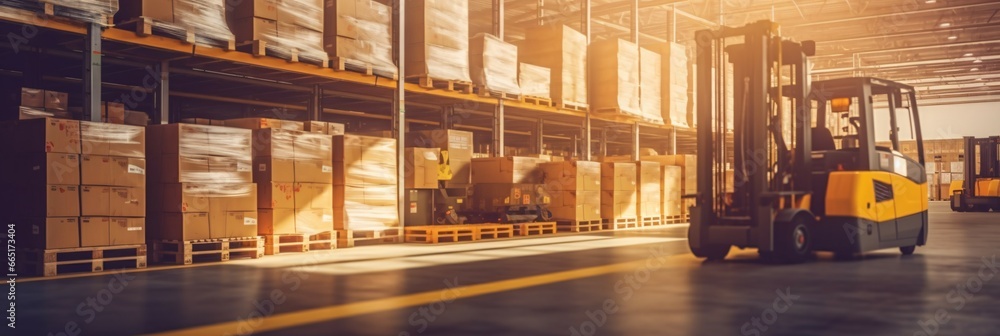 Forklift loader in warehouse. Distribution warehouse. Industrial background. Package tracking. Warehouse space. Logistics ways.
