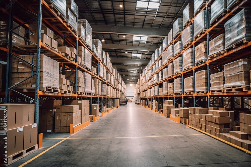 Warehouse interior with rows of cardboard boxes and shelves. Industrial background. High angle view of shelves and boxes in warehouse. This is a freight transportation and distribution warehouse.