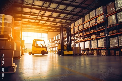 Forklift loader in warehouse. Distribution warehouse. Industrial background. Package tracking. Warehouse space. Logistics ways. 