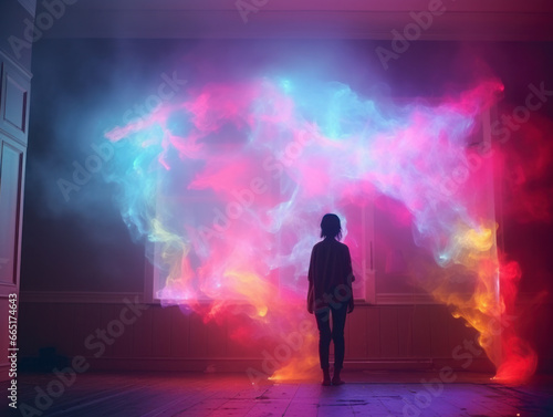 A young woman stands in a room filled with colorful light