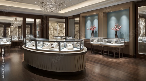 An elegant jewelry store with glass display cases and dramatic accent lighting. photo