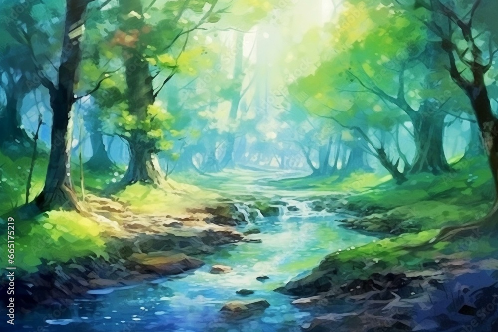 Digital artwork: mysterious river forest in watercolor style. Realistic fantasy character, background, wallpaper, story, card design. Generative AI