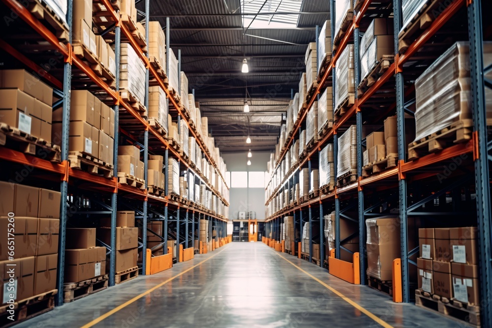 Warehouse interior with rows of cardboard boxes and shelves. Industrial background. High angle view of shelves and boxes in warehouse. This is a freight transportation and distribution warehouse.