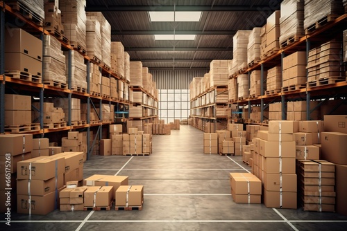 Warehouse interior with rows of cardboard boxes and shelves. Industrial background. High angle view of shelves and boxes in warehouse. This is a freight transportation and distribution warehouse.