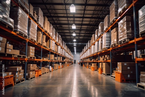 Warehouse interior with rows of cardboard boxes and shelves. Industrial background. High angle view of shelves and boxes in warehouse. This is a freight transportation and distribution warehouse.