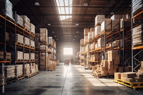 Warehouse interior with rows of cardboard boxes and shelves. Industrial background. High angle view of shelves and boxes in warehouse. This is a freight transportation and distribution warehouse.