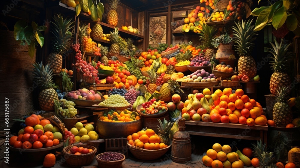 An exotic fruit market, a sea of vibrant colors and textures that tantalize the senses. - obrazy, fototapety, plakaty 