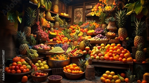 An exotic fruit market, a sea of vibrant colors and textures that tantalize the senses. photo