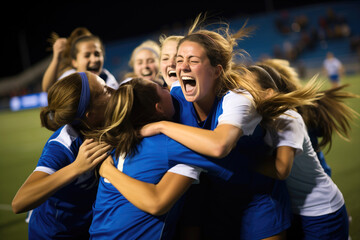Group of young female soccer players celebrating victory