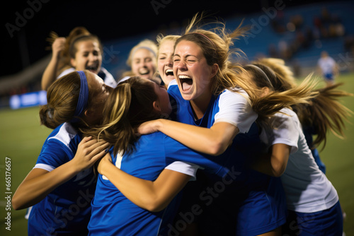 Group of young female soccer players celebrating victory photo