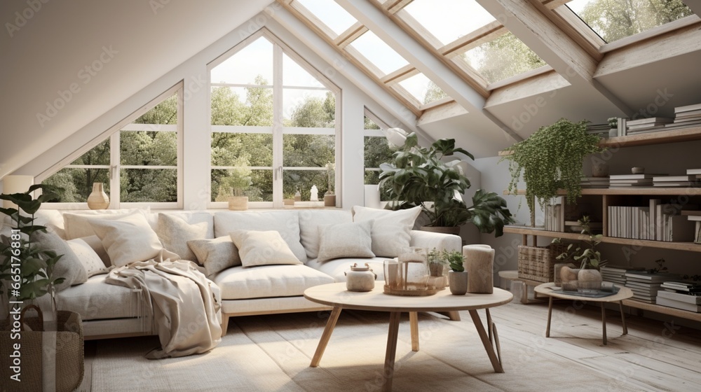 An image of a cozy Scandinavian attic living room, where natural light and muted colors create an inviting ambiance.