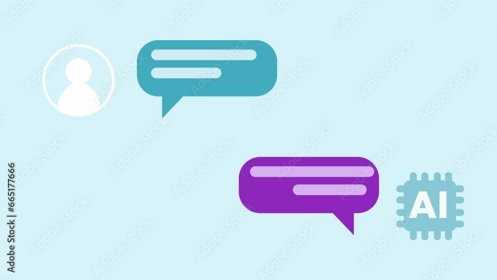 Animation of a chat with an AI chat bot in a chatroom. Chatting with an artificial intelligence. AI answering questions via chat. Blue background and green screen background. Animation of a chat with an AI chat bot in a chatroom. Chatting with an artificial intelligence. AI answering questions via chat. Blue background and green screen background.