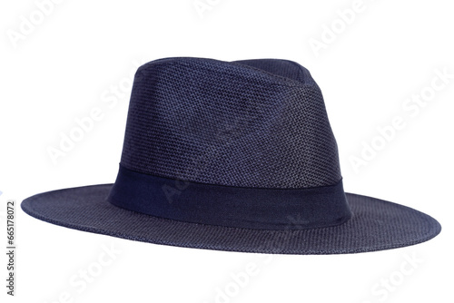 Panama hat style straw hat with black ribbon isolated on white background, straw hat for woman and man head protection image