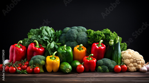 Composition with variety of raw vegetables on wooden table. Balanced diet