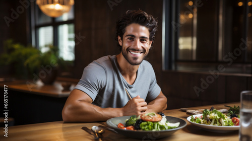 Portrait of handsome young man eating salad in restaurant