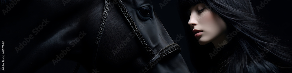 Spellbinding closeup of goth girl with black horse, minimalist, eternal melancholy, in the style of fashion photography, dramatic light, black on black, asymmetric composition, conceptual fantasy, int Spellbinding closeup of goth girl with black horse, minimalist, eternal melancholy, in the style of fashion photography, dramatic light, black on black, asymmetric composition, conceptual fantasy, int
