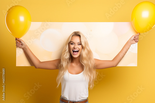 Mulher loira comemorando no fundo amarelo - Papel de parede photo