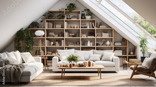 An image of a stylish Scandinavian attic living room, where simplicity reigns supreme, with subtle pops of color for contrast.