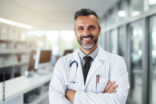 Medico sorrindo de braços cruzados em um hospital com o fundo desfocado - Papel de parede