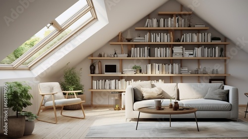 An image of a stylish Scandinavian attic living room, where simplicity reigns supreme, with subtle pops of color for contrast.