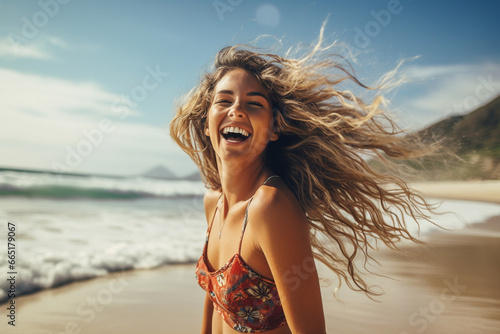 Mulher jovem na praia sorrindo ao por do sol - Papel de parede