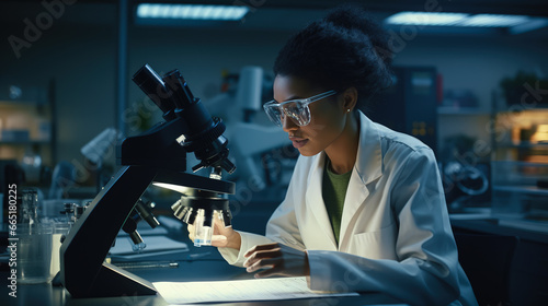Black Female Scientist Meticulously Studies a Newly Discovered Virus in a Laboratory Uses High-tech Instruments and Microscope to Prevent the Epidemic and Find a Vaccine
