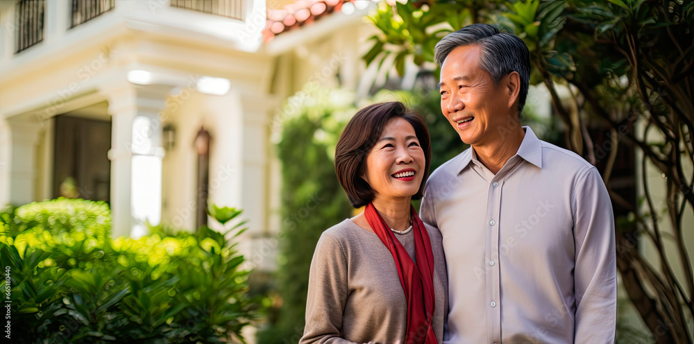 Naklejka premium Portrait of a happy mature asian couple in their home outdoors.