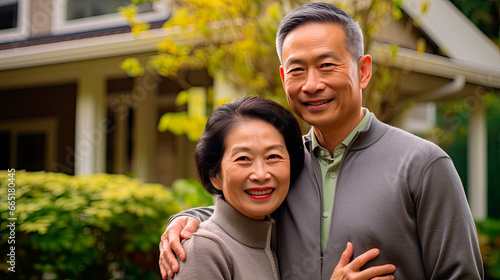 Portrait of a happy mature asian couple in their home outdoors.